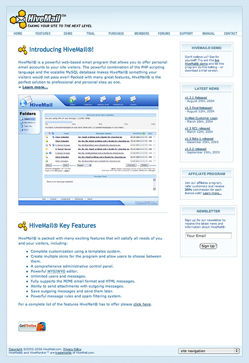 Website design for hivemail.com